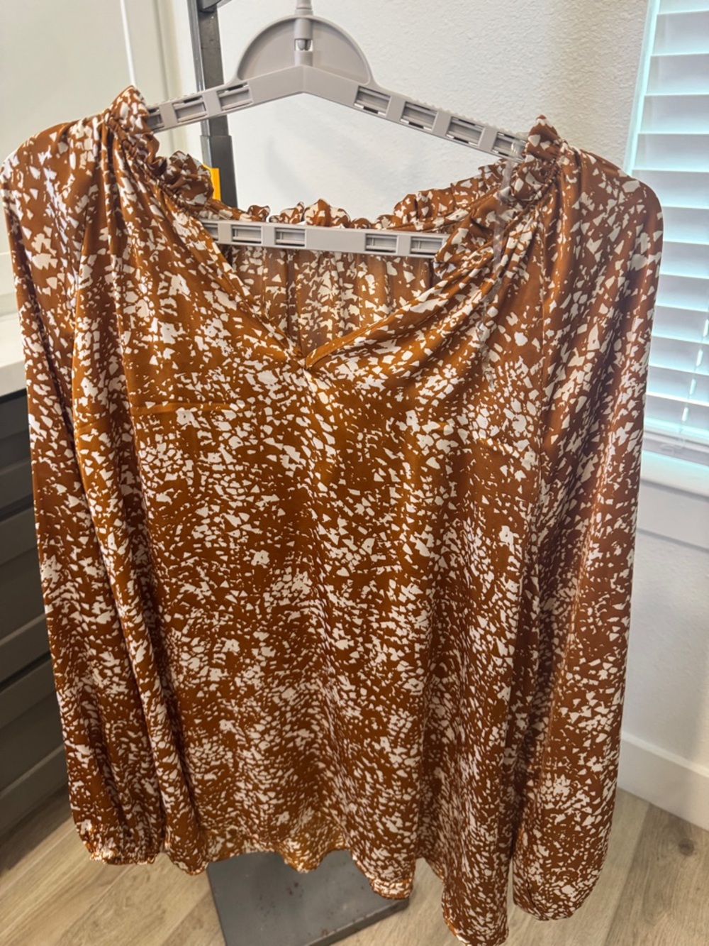First Love Brown and White Printed Long Sleeve Blouse Size 3X